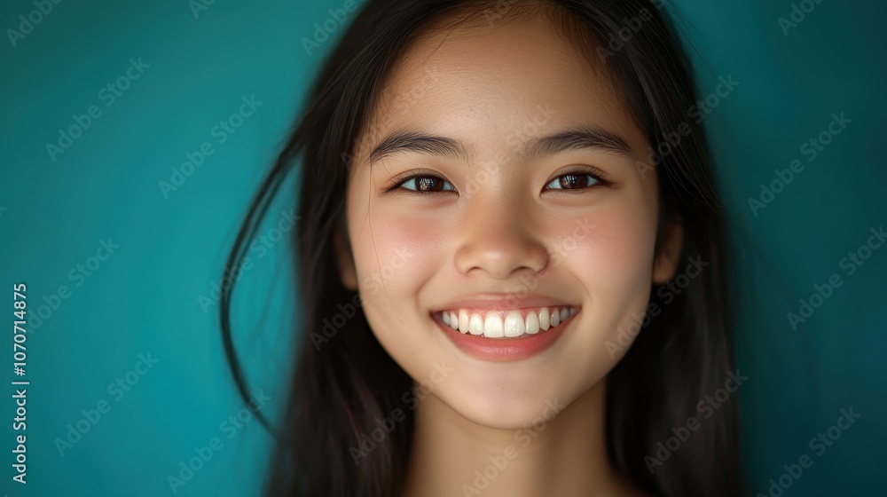 A smiling young Thai woman with radiant skin and brown eyes, her face lit by soft lighting against a tranquil blue backdrop, with room for beauty-related text. A smiling young Thai woman with radiant skin and brown eyes, her face lit by soft lighting against a tranquil blue backdrop, with room for beauty-related text.