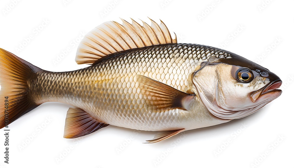 One isolated, fresh, raw sea bass fish on a white background One isolated, fresh, raw sea bass fish on a white background