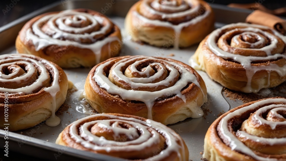 Freshly baked cinnamon rolls drizzled with icing, arranged on a baking tray. Freshly baked cinnamon rolls drizzled with icing, arranged on a baking tray.