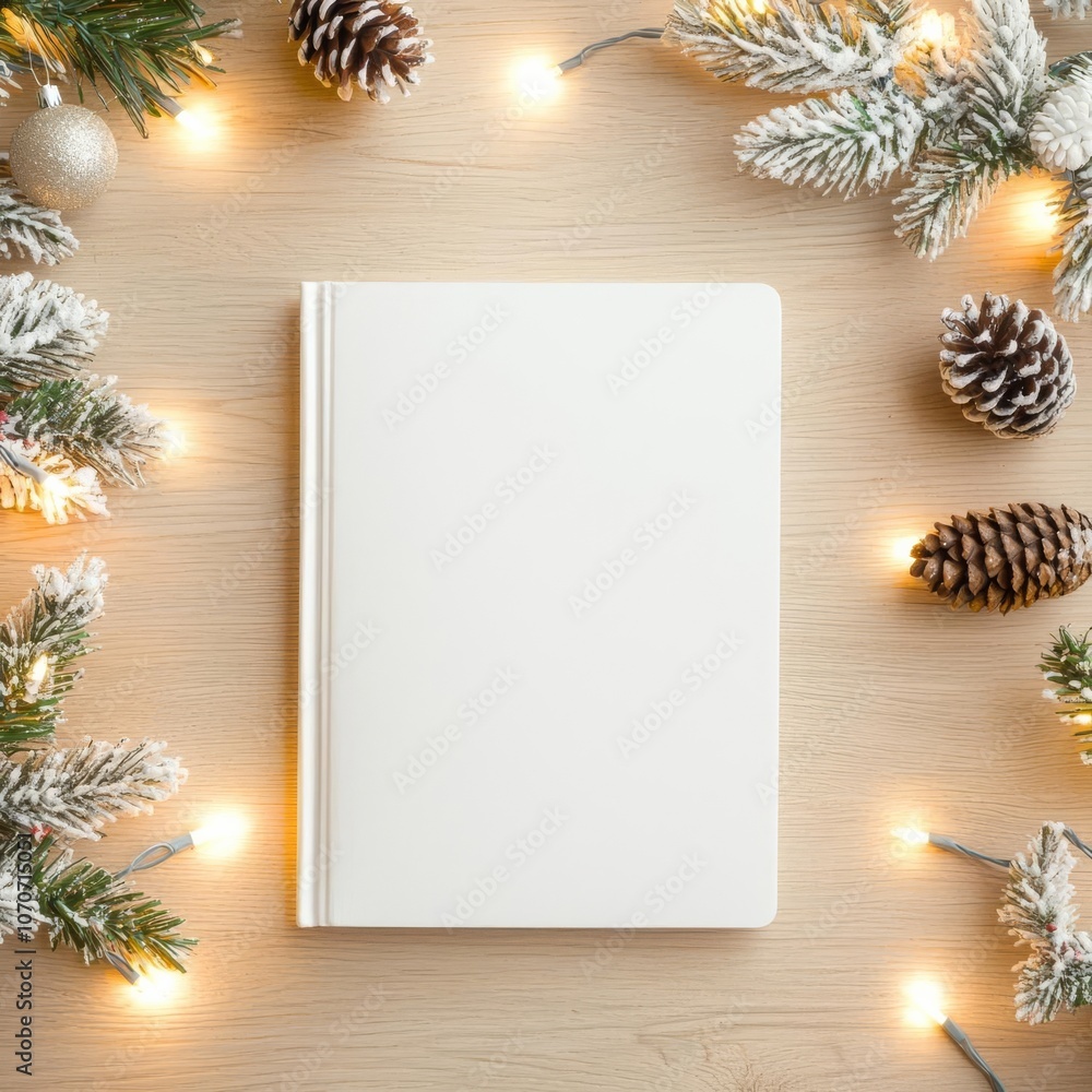 Fototapeta premium Blank book standing upright on a wooden table, surrounded by Christmas lights, pinecones, and festive garland