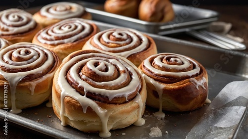 Freshly baked cinnamon rolls with creamy icing on a baking tray, ready to be enjoyed.