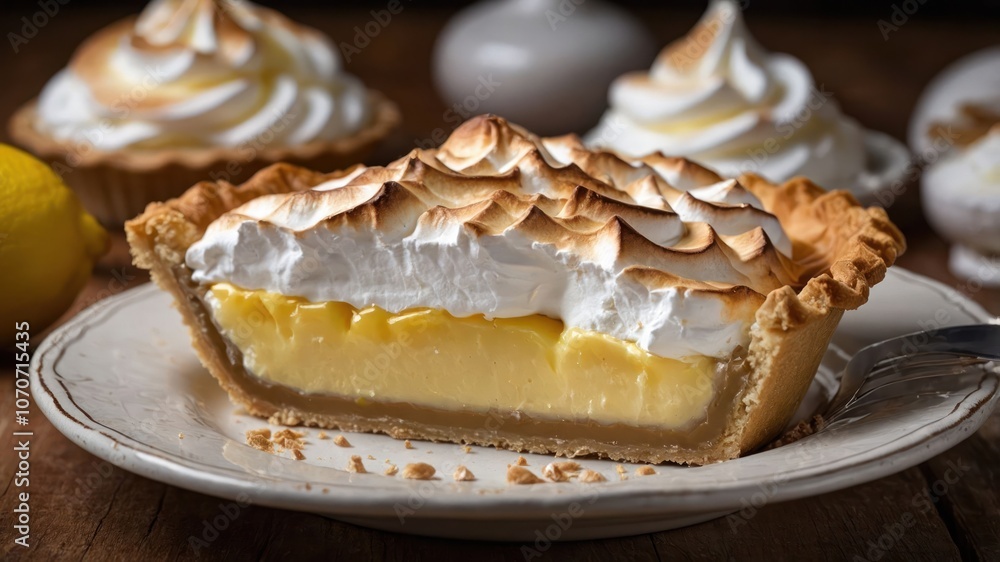 A slice of lemon meringue pie showcasing creamy filling and fluffy meringue topping. A slice of lemon meringue pie showcasing creamy filling and fluffy meringue topping.