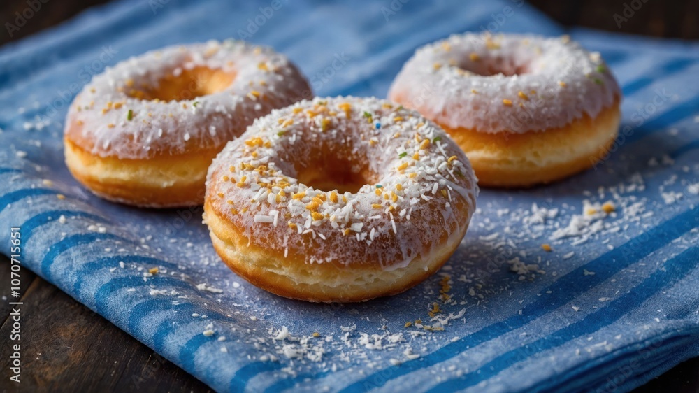 Three frosted donuts with coconut and sprinkles on a blue striped cloth. Three frosted donuts with coconut and sprinkles on a blue striped cloth.