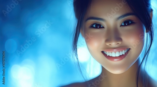 A smiling young Thai woman with radiant skin and brown eyes, her face lit by soft lighting against a tranquil blue backdrop, with room for beauty-related text. 