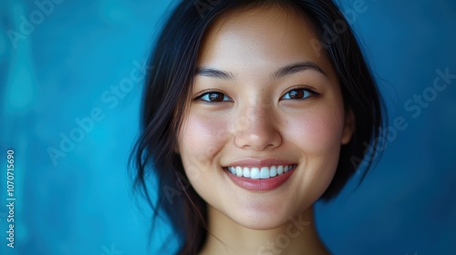 A smiling young Thai woman with radiant skin and brown eyes, her face lit by soft lighting against a tranquil blue backdrop, with room for beauty-related text. 