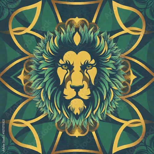 an art deco style lion from the 1920's with a geometric art deco background, green and jewl tone color palete photo