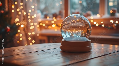 Wallpaper Mural A simple wooden table holding a snow globe, background softly blurred with warm Christmas lights, creating a cozy, magical holiday atmosphere. --ar 16:9 Torontodigital.ca