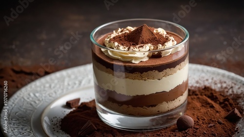 A delicious layered dessert in a glass, featuring chocolate and cream with cocoa powder.