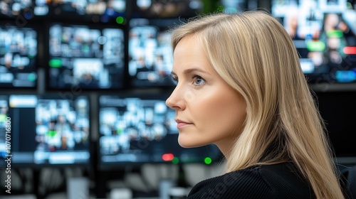 Young Woman Looking Away from Multiple Screens.