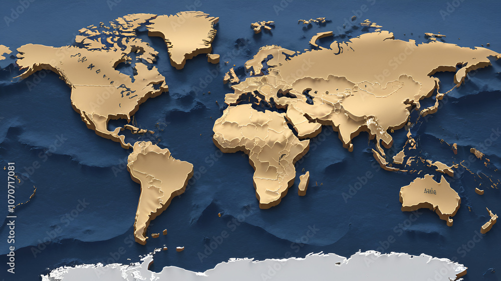 Detailed 3D map of the world highlighting continents and oceans in gold against a deep blue background, showcasing geographic features Detailed 3D map of the world highlighting continents and oceans in gold against a deep blue background, showcasing geographic features
