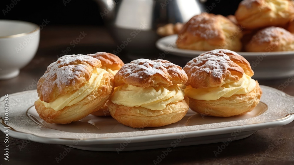 A plate of cream-filled pastries dusted with powdered sugar, perfect for dessert or tea time. A plate of cream-filled pastries dusted with powdered sugar, perfect for dessert or tea time.
