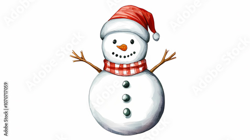 Christmas snowman wearing red hat and scarf, cheerful winter decoration