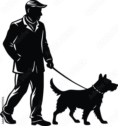 man walking with dog silhouette  vector illustration black and white