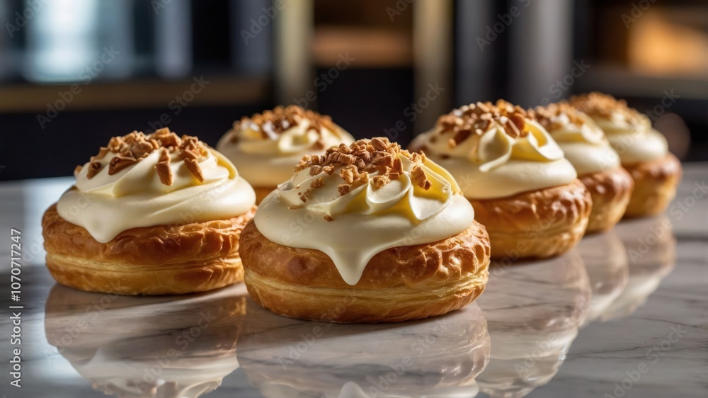A row of delicious pastries topped with cream and crushed nuts on a marble surface. A row of delicious pastries topped with cream and crushed nuts on a marble surface.