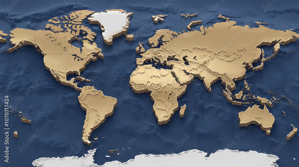 Fototapeta premium Three-dimensional golden world map highlighting continents and oceans in detailed relief against a dark blue background