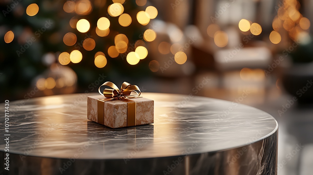 A sleek marble table adorned with a small gift box tied with a golden bow, background softly blurred with twinkling holiday lights and garlands, warm and elegant holiday feel. --ar 16:9 A sleek marble table adorned with a small gift box tied with a golden bow, background softly blurred with twinkling holiday lights and garlands, warm and elegant holiday feel. --ar 16:9
