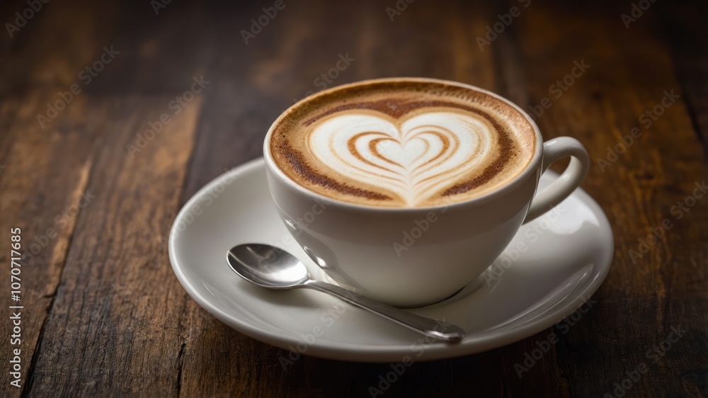 A beautifully crafted latte with heart art on a wooden table. A beautifully crafted latte with heart art on a wooden table.