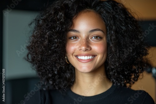 Smiling young woman with curly hair in a modern indoor environment during daytime