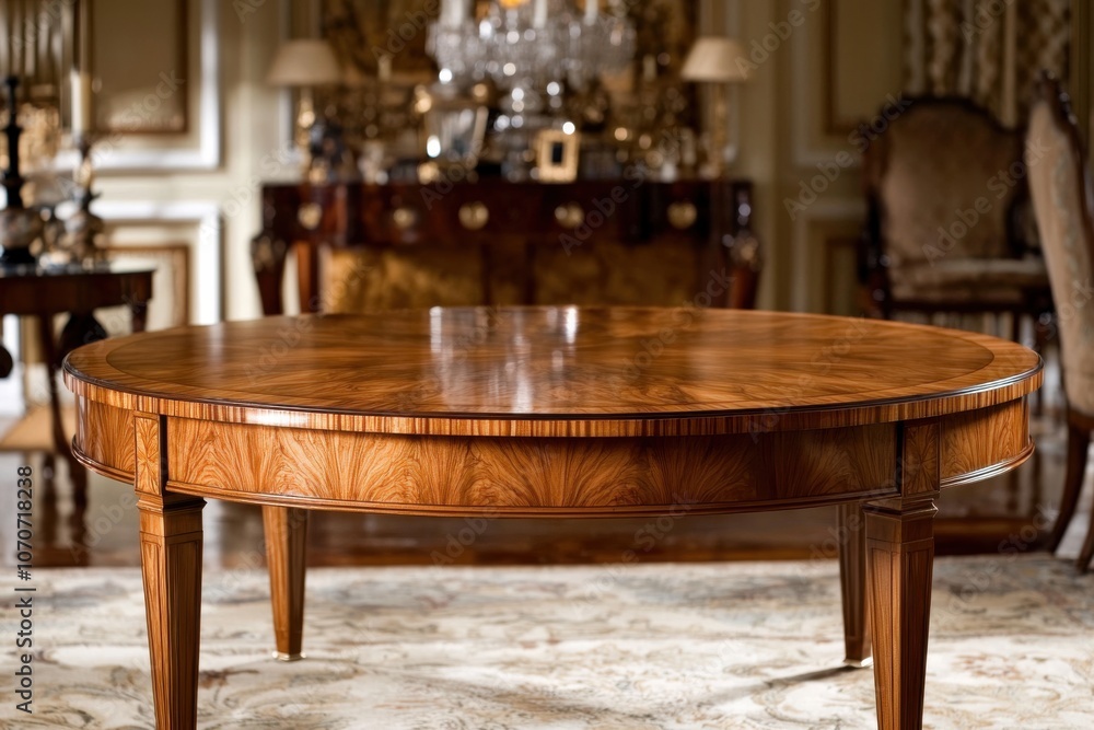A beautifully crafted round wooden table in an elegant room, showcasing fine furniture design and opulence. A beautifully crafted round wooden table in an elegant room, showcasing fine furniture design and opulence.