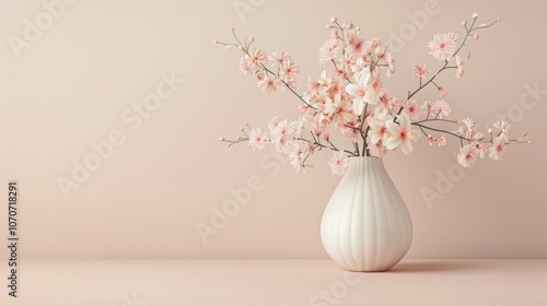 3D render of a delicate flower vase with pastel blooms, set against a pale background, capturing soft and serene tones