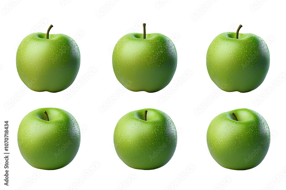 Set of green apples on a transparent background. 3D rendering of fresh apples. Set of green apples on a transparent background. 3D rendering of fresh apples.