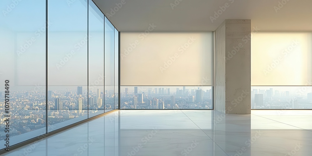 Fototapeta premium A modern, minimalistic interior with large glass windows offering a panoramic city view, showcasing sleek design and bright lighting.