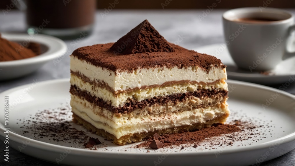 A delicious slice of tiramisu dusted with cocoa powder, served with coffee. A delicious slice of tiramisu dusted with cocoa powder, served with coffee.