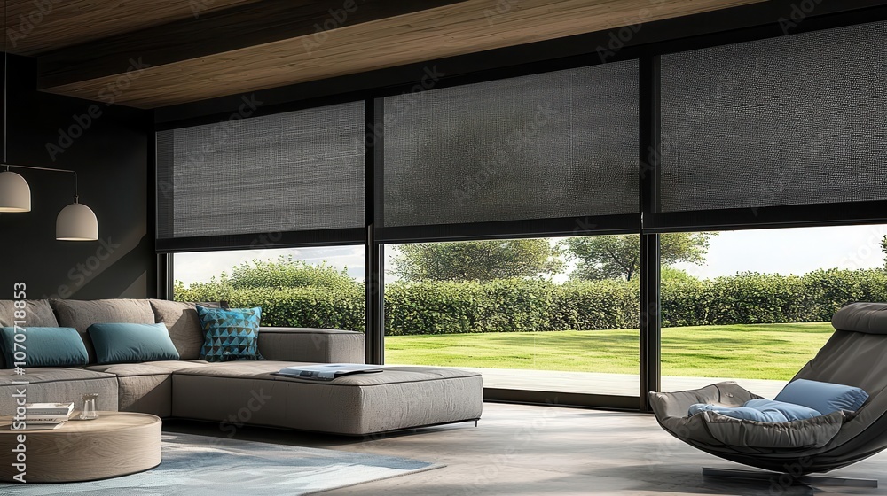 A modern living room featuring large windows with stylish shades, a sleek couch, and a view of lush greenery outside. A modern living room featuring large windows with stylish shades, a sleek couch, and a view of lush greenery outside.