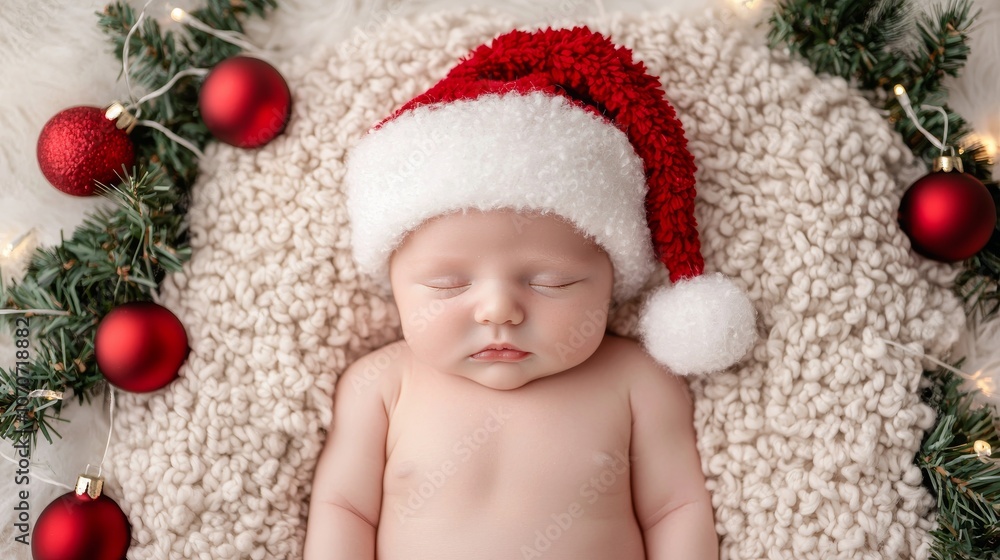 Sleeping Newborn Baby in Santa Hat Surrounded by Christmas Decorations. Sleeping Newborn Baby in Santa Hat Surrounded by Christmas Decorations.