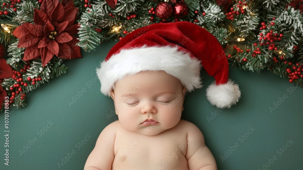 Sleeping Baby in Santa Hat with Christmas Decorations. Sleeping Baby in Santa Hat with Christmas Decorations.