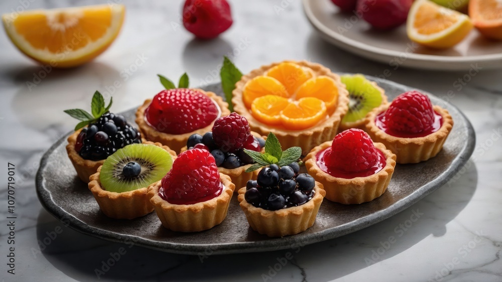 A platter of colorful fruit tarts featuring various berries and citrus. A platter of colorful fruit tarts featuring various berries and citrus.