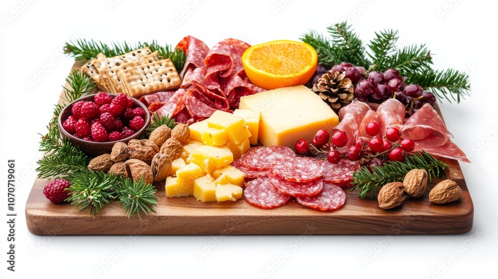 Christmas Charcuterie Board with Salami, Cheese, and Fruit. Christmas Charcuterie Board with Salami, Cheese, and Fruit.