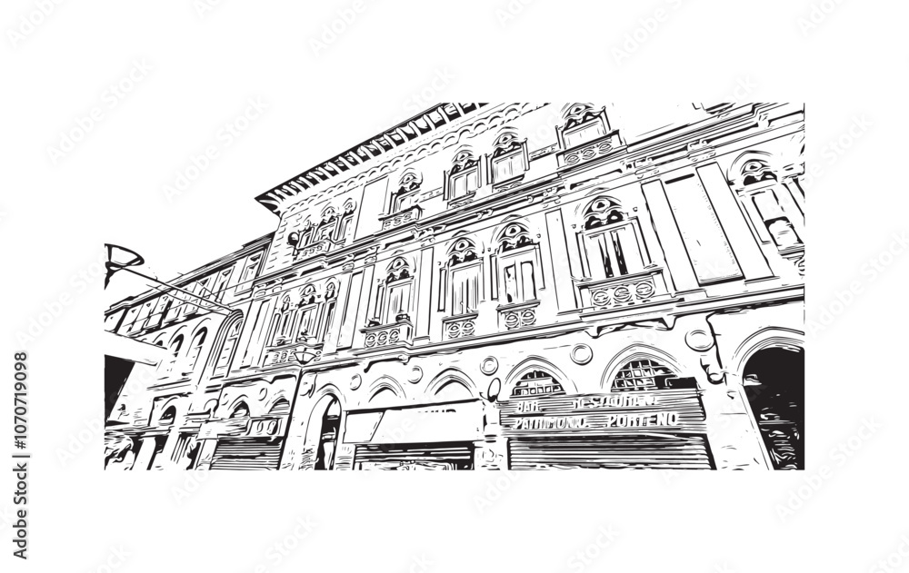 Print Building view with landmark of Valparaiso is a city in United States. Watercolor splash with hand drawn sketch illustration in vector.