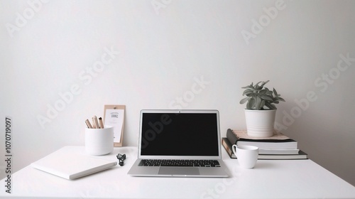 Wallpaper Mural Minimalist Workspace with Laptop and Green Plant Torontodigital.ca