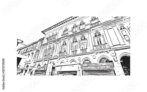 Obraz na płótnie Print Building view with landmark of Valparaiso is a city in United States. Watercolor splash with hand drawn sketch illustration in vector. w salonie