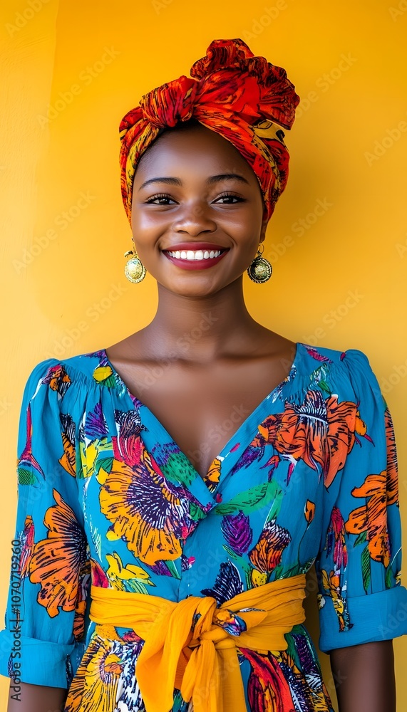 Fototapeta premium A young woman expresses herself with confidence, showcasing her vibrant outfit and engaging smile