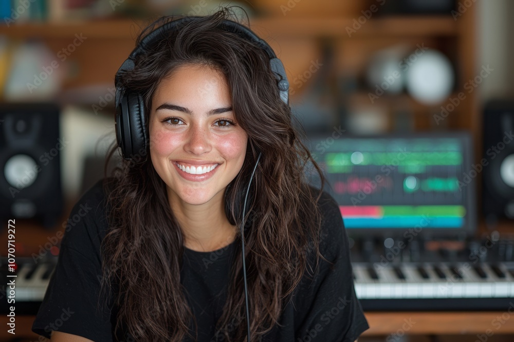 Young woman smiles while making music in a cozy studio with a keyboard and speakers Young woman smiles while making music in a cozy studio with a keyboard and speakers