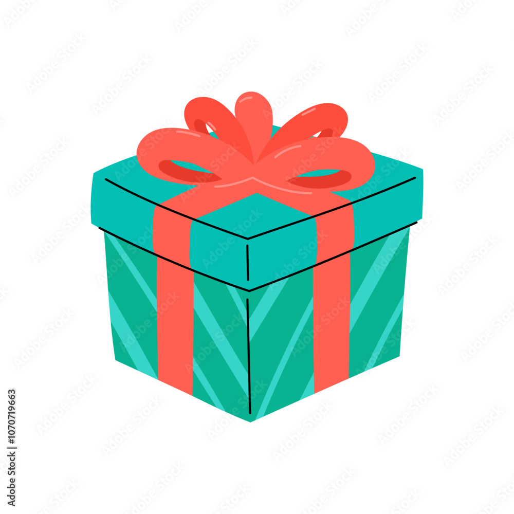 Cute gift box with ribbon and bow. Isolated vector illustration. Wrapped gift for Christmas, birthday, New Year or other celebration, event. Flat present box Cute gift box with ribbon and bow. Isolated vector illustration. Wrapped gift for Christmas, birthday, New Year or other celebration, event. Flat present box