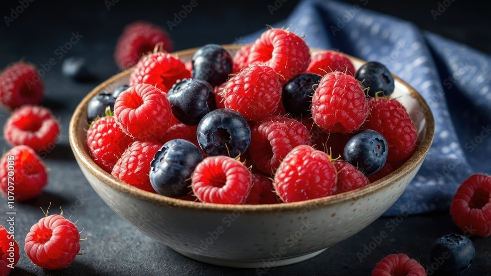 A bowl filled with fresh raspberries and blueberries against a dark background. A bowl filled with fresh raspberries and blueberries against a dark background.