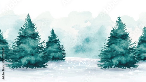 Watercolor Winter Forest Landscape.