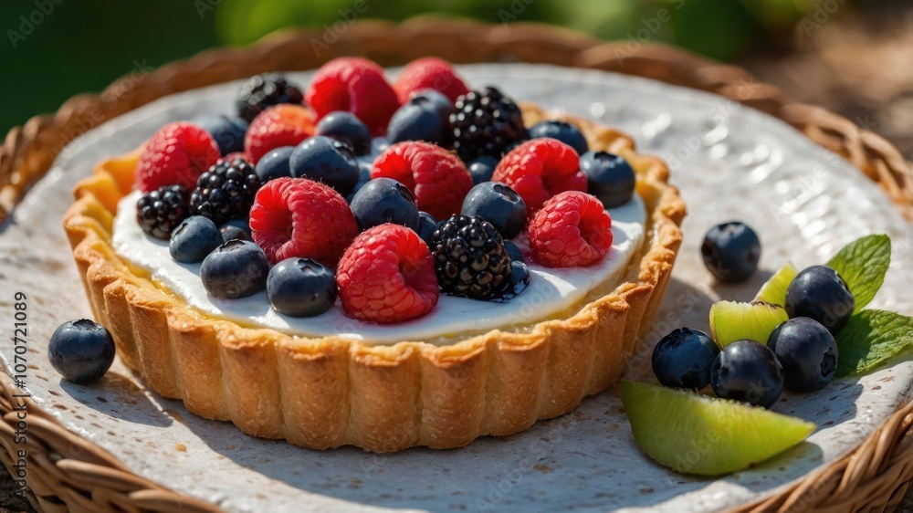 A delicious berry tart topped with fresh fruits on a rustic plate. A delicious berry tart topped with fresh fruits on a rustic plate.