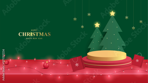Podium Christmas. Red Podium for product display presentation with christmas tree. Podium platform to show product on red background. Merry Christmas background