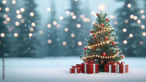 Christmas Tree with Presents in Snowy Forest.