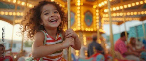 A happy young girl rides a colorful merry-go-round at an amusement park, smiling with joy. The background is filled with bright lights, creating a fun and festive atmosphere. photo