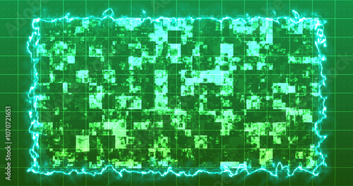 Modern technology intro digital shiny squares moving hud with a fiery border. Hud science fiction digital data representation cyber growth bg.Info concept nodes copy space for writing light grid.