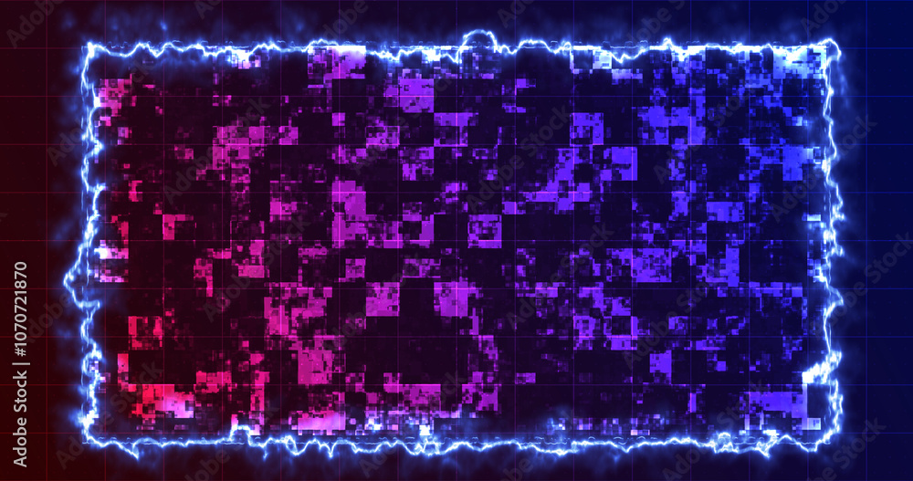 Obraz premium Modern technology intro digital shiny squares moving hud with a fiery border. Hud science fiction digital data representation cyber growth bg.Info concept nodes copy space for writing light grid.