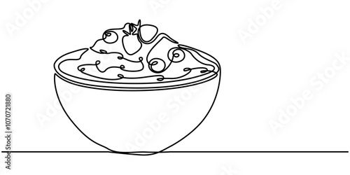 Single continuous line drawing of stylized bowl of cereal breakfast with fresh milk. Healthy whole wheat food concept. Cereal bowl in one line drawing. Breakfast with milk, healthy food concept.