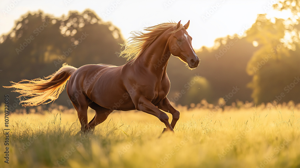 Fototapeta premium Arabian horse in mid gallop through a sunlit field