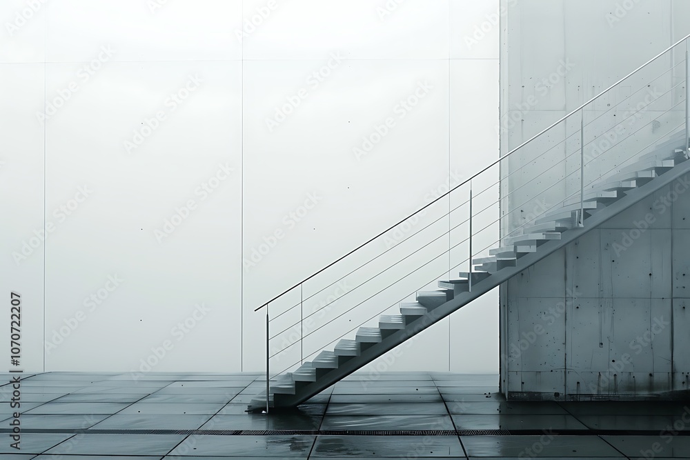 Fototapeta premium A minimalist staircase with black metal steps, cable railings, and a white backdrop