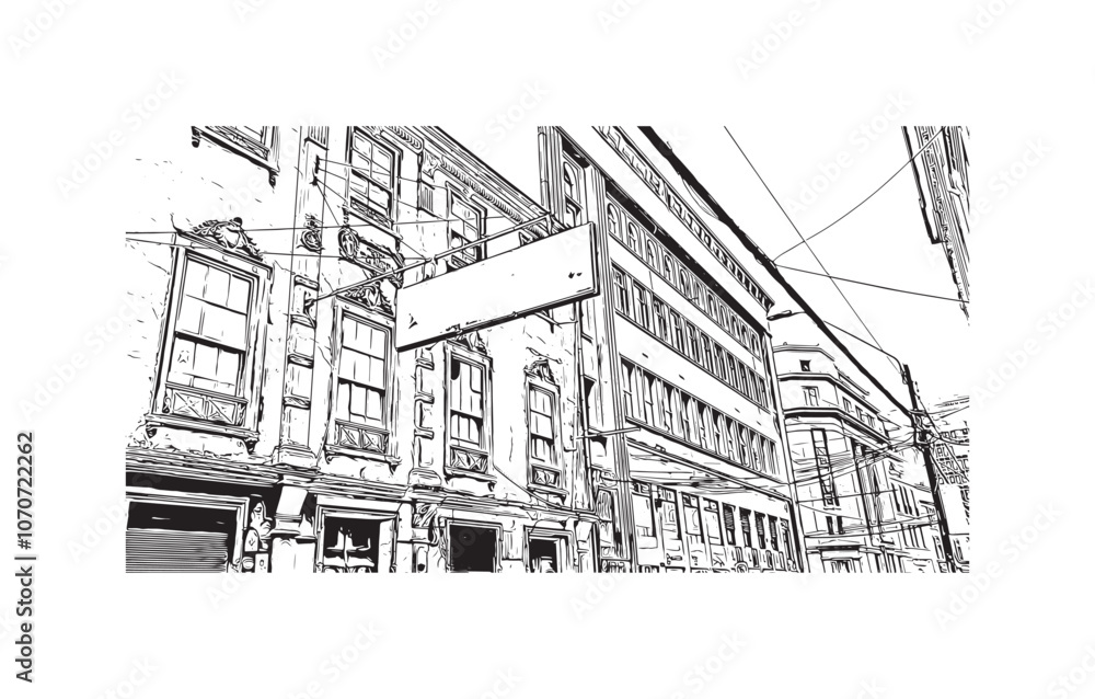 Print Building view with landmark of Valparaiso is a city in United States. Watercolor splash with hand drawn sketch illustration in vector.